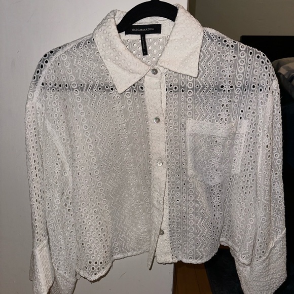 BCBGMaxAzria White Collared Eyelet Button-Down Crop - Picture 5 of 7